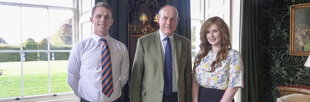 Sir Tom Cowie Memorial Scholarship winners Robin Watson and Alex Bowey are pictured with Chairman of Trustees of the Sir Tom Cowie Charitable Trust, David Gray, FRICS